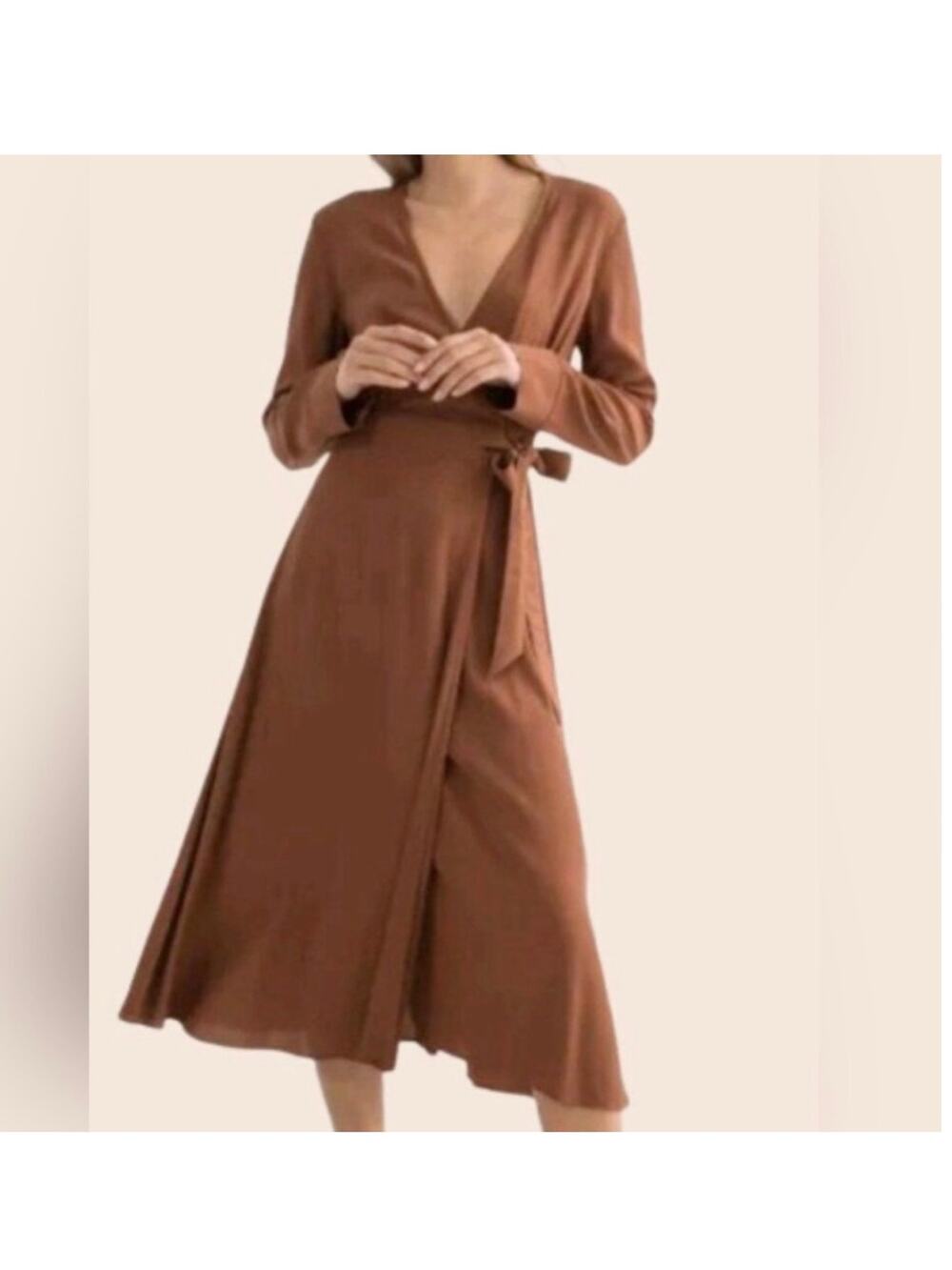 Modern citizen long sleeve midi wrap tie dress camel brown tan caramel small